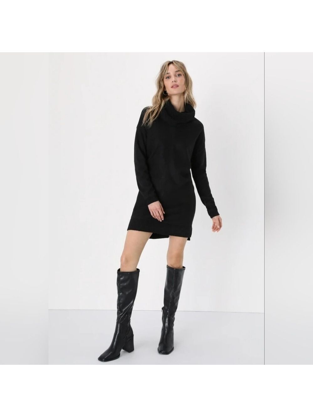 Lulus - Autumn Daze Black Cowl Neck Long Sleeve Sweater  Dress